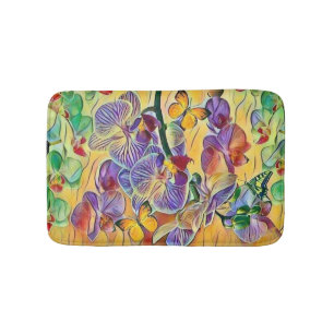 Colourful orchids flower butterflies watercolor bath mat