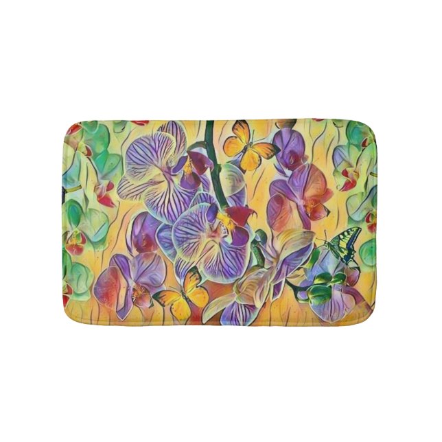 Colourful orchids flower butterflies watercolor bath mat (Front)
