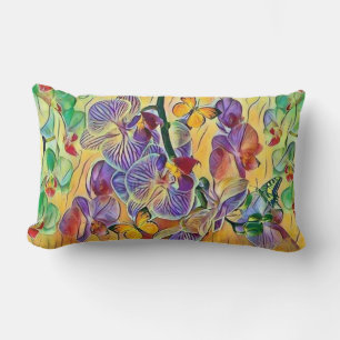 Colourful orchids flower butterflies watercolor lumbar cushion