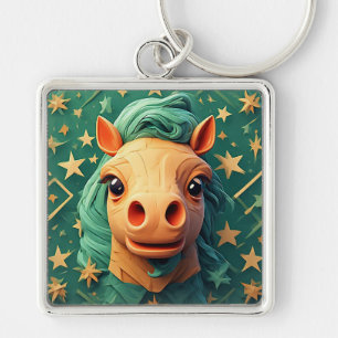 Colourful Origami Horse Art with Starry Background Key Ring