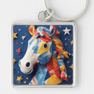 Colourful Origami Horse Art with Starry Background Key Ring