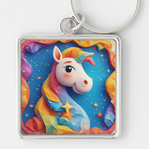 Colourful Origami Horse Art with Starry Background Key Ring