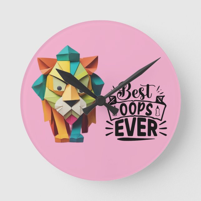 Colourful Origami Lion Artwork design Round Clock (Front)