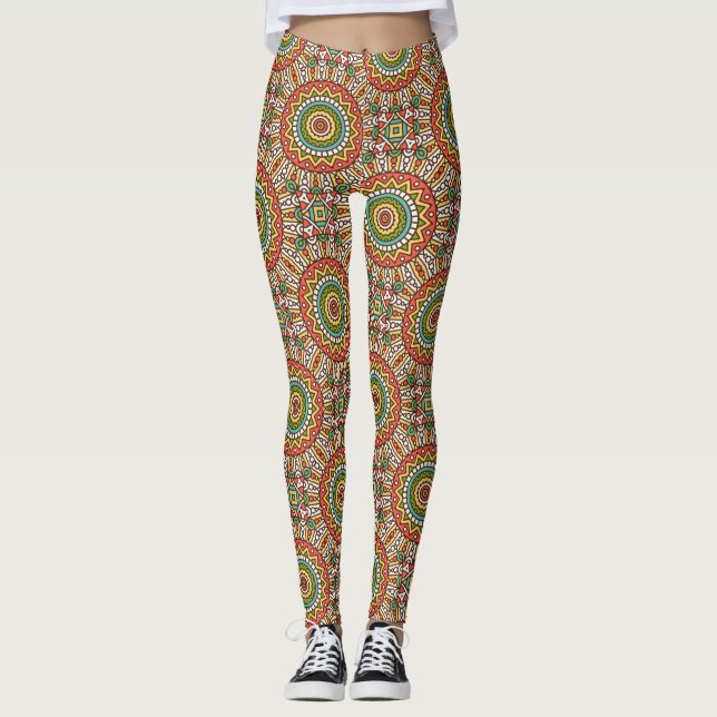 Colourful Ornamental Geometric Elements Design Leggings (Front)