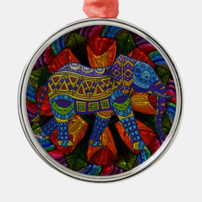 Colourful Ornate Elephant and Mandala Metal Tree Decoration (Front)