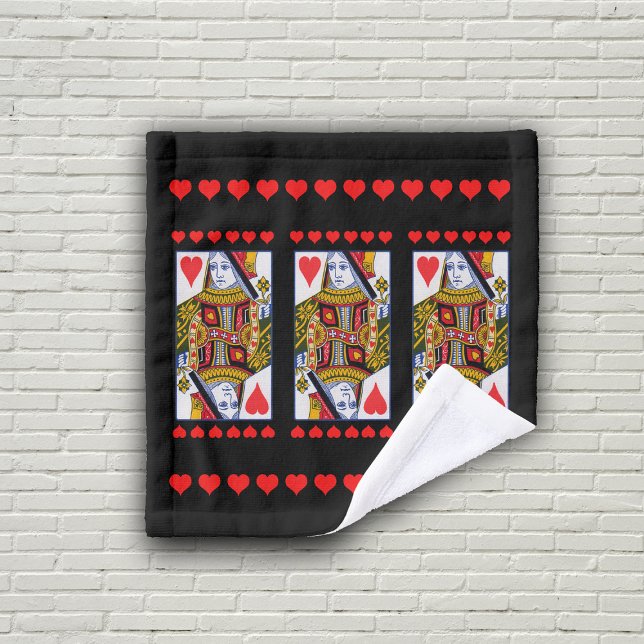 Colourful Ornate Heart Queen Playing Card Black Wash Cloth (Fancy heart queen playing cards with rows of red hearts on black bath wash cloths.)