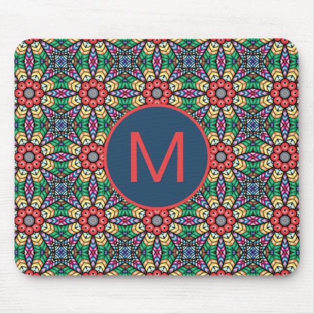 Colourful Ornate Kaleidoscope Pattern Monogram Mouse Pad (Front)