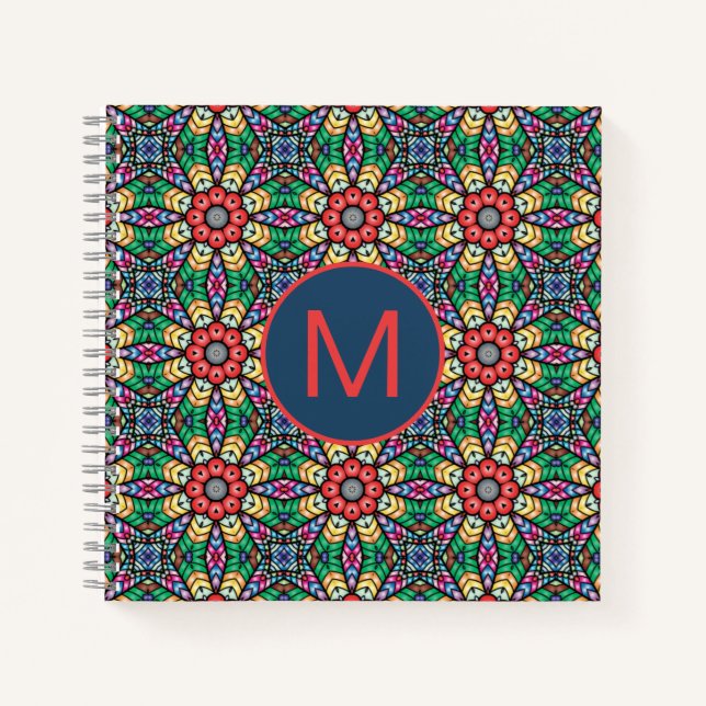 Colourful Ornate Kaleidoscope Pattern Monogram Notebook (Front)