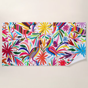 Colourful Otomi Print, Floral/Animal Pattern Beach Towel
