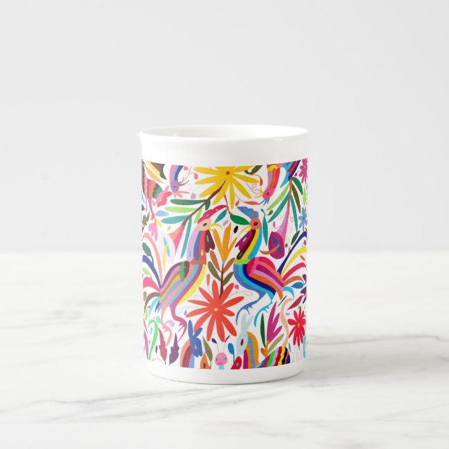 Colourful Otomi Print, Floral/Animal Pattern Bone China Mug (Front)