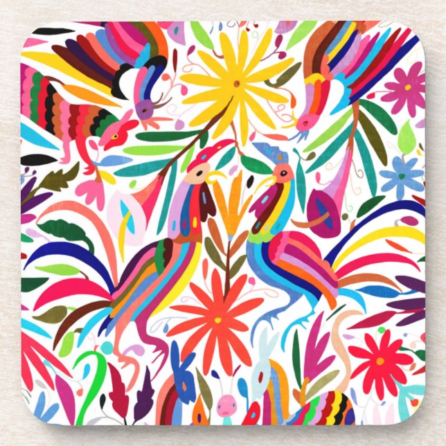 Colourful Otomi Print, Floral/Animal Pattern Coaster (Front)