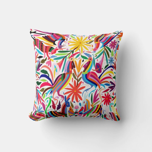 Colourful Otomi Print, Floral/Animal Pattern Cushion (Front)