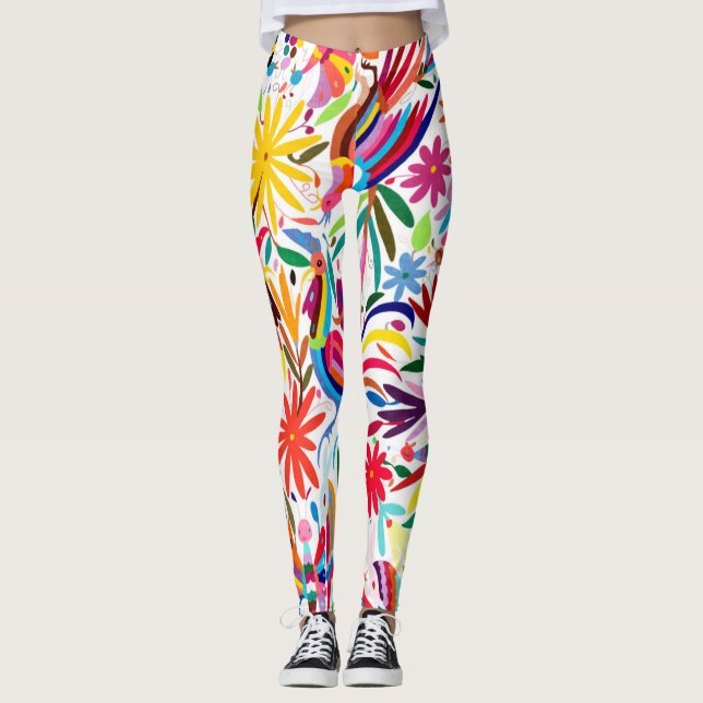 Colourful Otomi Print, Floral/Animal Pattern Leggings (Front)