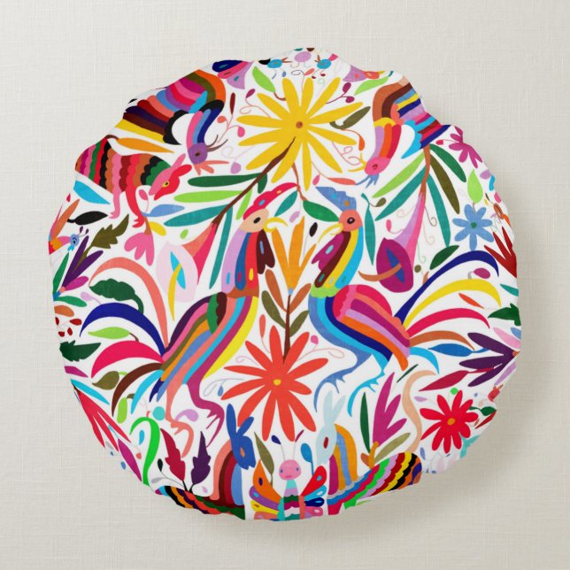 Colourful Otomi Print, Floral/Animal Pattern Round Cushion (Back)
