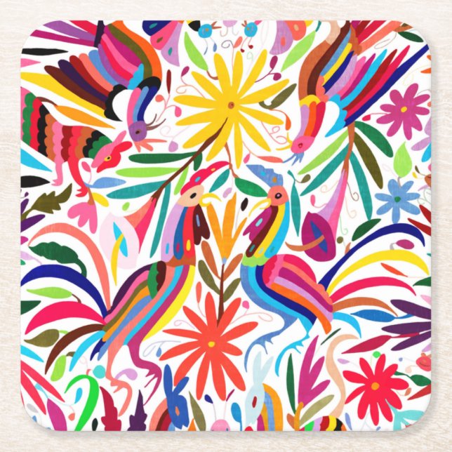 Colourful Otomi Print, Floral/Animal Pattern Square Paper Coaster (Front)