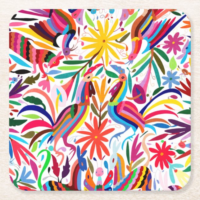 Colourful Otomi Print, Floral/Animal Pattern Square Paper Coaster (Front)