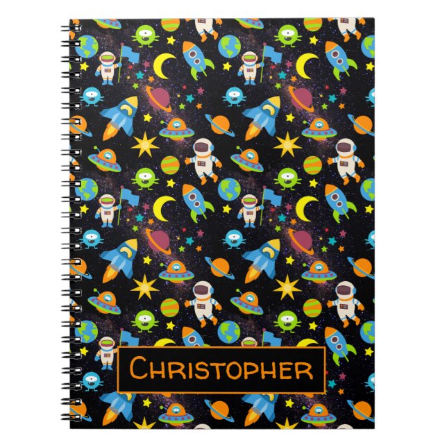 Colourful Outer Space Astronaut Rockets Black Notebook (Front)