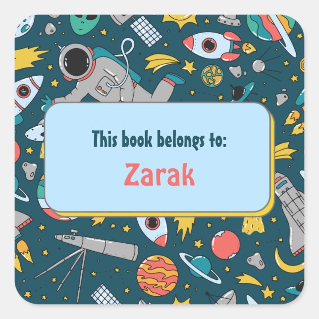 Colourful Outer Space Kids Pattern Personalised Square Sticker (Front)
