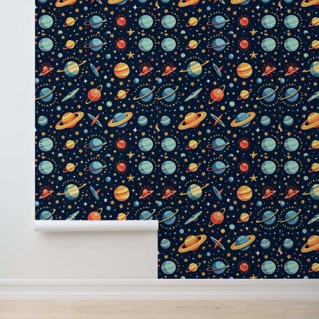 Colourful Outer Space Planets Pattern Design Wallpaper (Application)