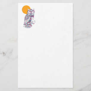 Colourful owl and moon stationery