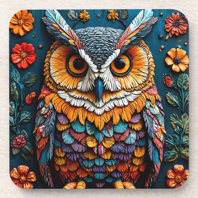 Colourful Owl Artwork With Intricate Detail Coaster (Front)