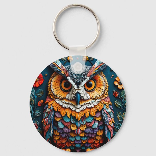Colourful Owl Artwork With Intricate Detail Key Ring (Front)