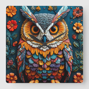 Colourful Owl Artwork With Intricate Detail Square Wall Clock