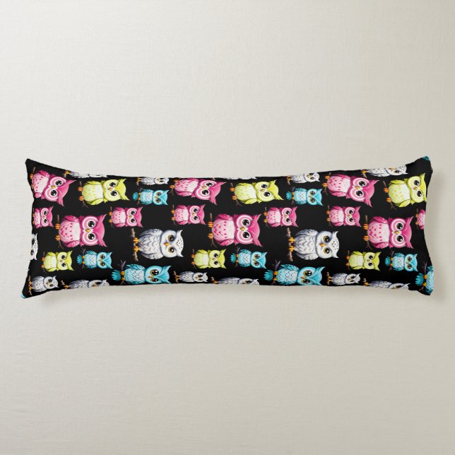 Colourful Owl Birds Black Background Pattern  Body Cushion (Front)
