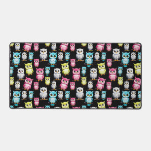 Colourful Owl Birds Black Background Pattern Desk Mat