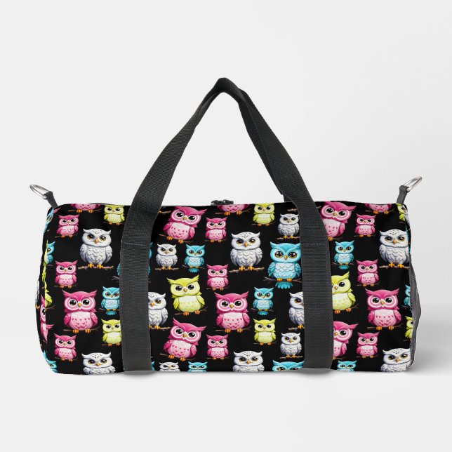 Colourful Owl Birds Black Background Pattern  Duffle Bag (Front)