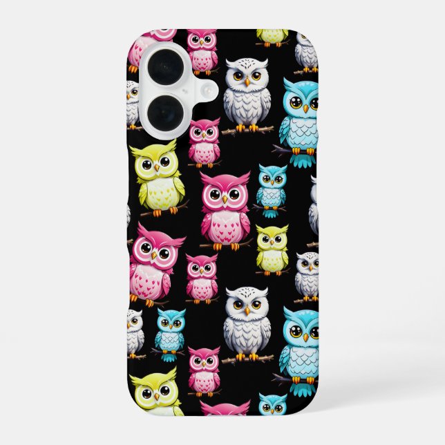Colourful Owl Birds Black Background Pattern  iPhone 16 Case (Back)
