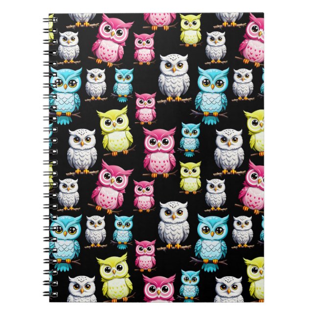 Colourful Owl Birds Black Background Pattern  Notebook (Front)