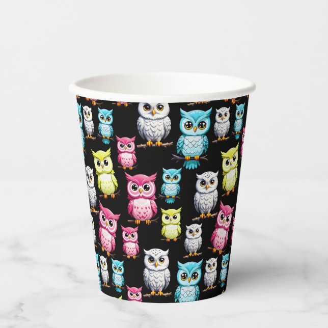 Colourful Owl Birds Black Background Pattern  Paper Cups (Front)