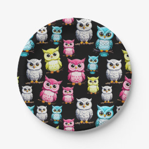 Colourful Owl Birds Black Background Pattern Paper Plate