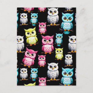 Colourful Owl Birds Black Background Pattern Postcard
