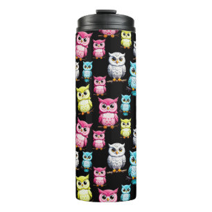 Colourful Owl Birds Black Background Pattern Thermal Tumbler