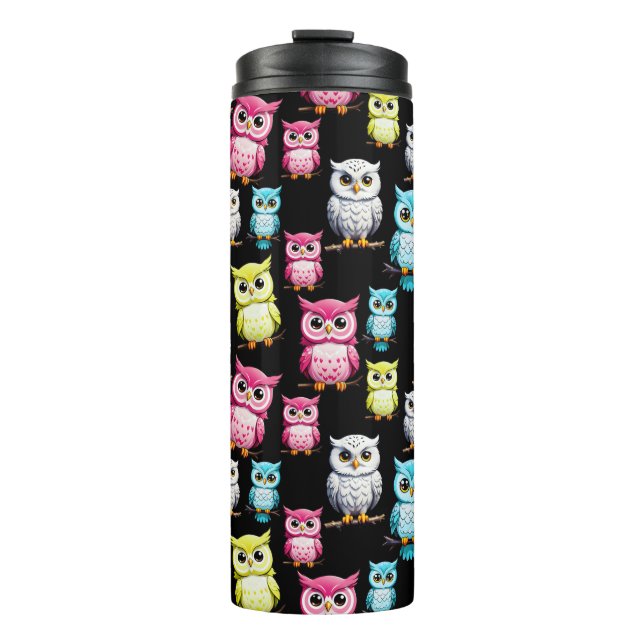Colourful Owl Birds Black Background Pattern  Thermal Tumbler (Front)