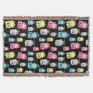 Colourful Owl Birds Black Background Pattern  Throw Blanket