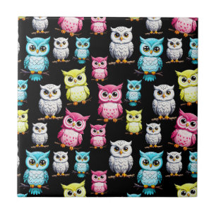 Colourful Owl Birds Black Background Pattern Tile