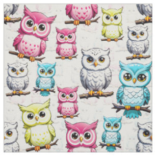 Colourful Owl Birds White Background Pattern  Fabric