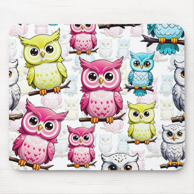 Colourful Owl Birds White Background Pattern  Mouse Pad (Front)