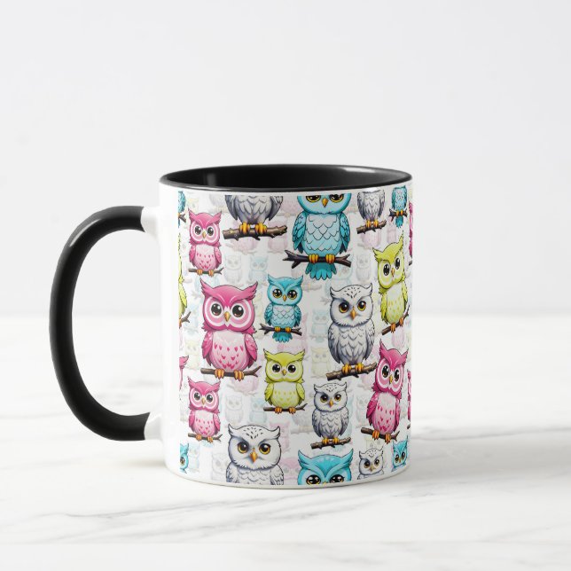 Colourful Owl Birds White Background Pattern  Mug (Left)