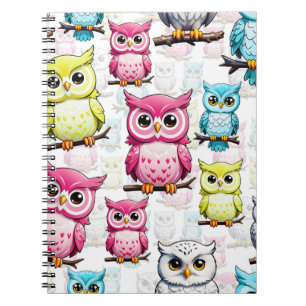 Colourful Owl Birds White Background Pattern  Notebook