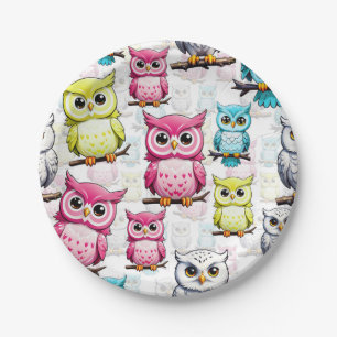 Colourful Owl Birds White Background Pattern Paper Plate