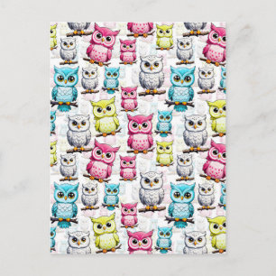 Colourful Owl Birds White Background Pattern Postcard