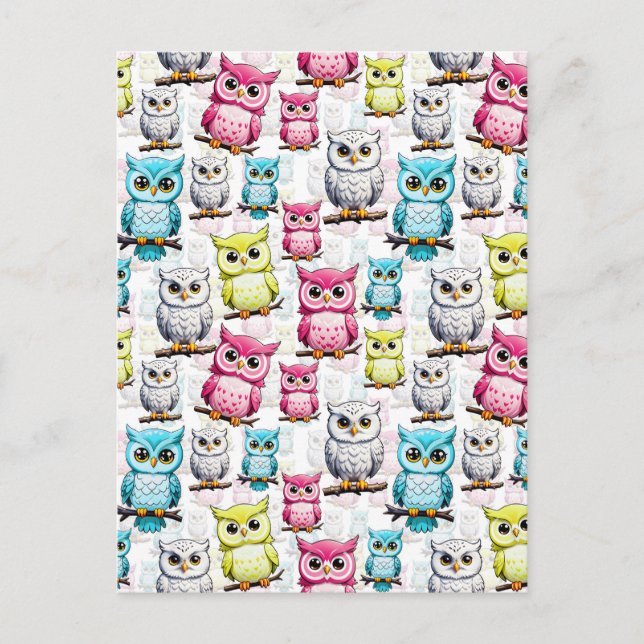 Colourful Owl Birds White Background Pattern  Postcard (Front)