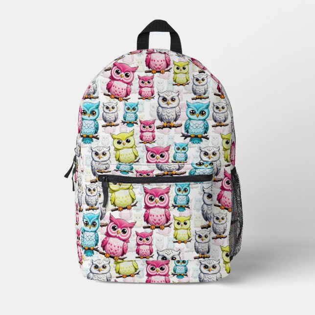 Colourful Owl Birds White Background Pattern  Printed Backpack (Front)