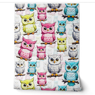 Colourful Owl Birds White Background Pattern Wallpaper