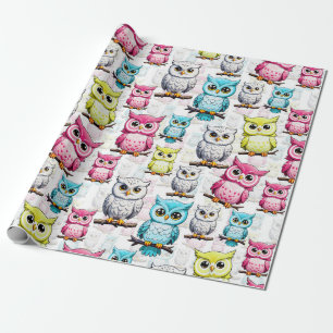 Colourful Owl Birds White Background Pattern Wrapping Paper