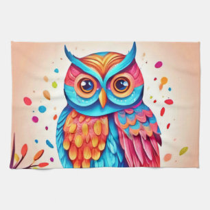 Colourful Owl Branch Art Tea Towel